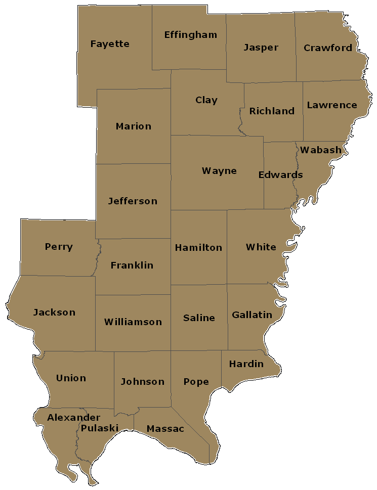 Solid color map of Southern Illinois, showing counties