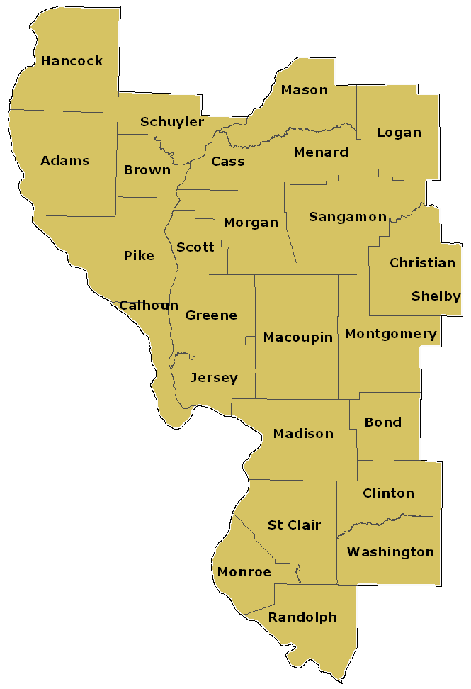 Solid color map of West Central Illinois, showing counties